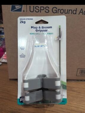 Mop & Broom Gripper Wall Holder - White & Gray